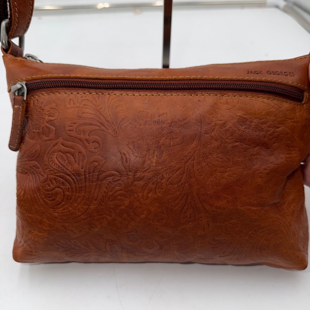 Jack Georges Vintage Cognac Leather Embossed Floral Paisley Crossbody Bag Brown - Picture 5 of 13